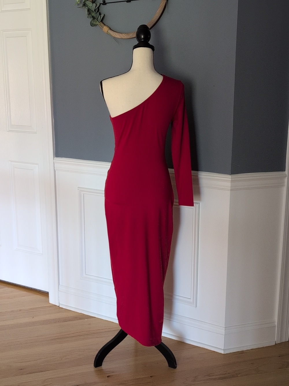 Sleeveless One Shoulder Cocktail Dress Bodycon Tie Waist Dress - Red, Size Small - Picture 8 of 10